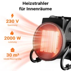 Wiltec Heizstrahler 2kW Keramik Heizgerät 2000W mit Thermostat 30m² Heizlüfter 3 Leistungsstufen