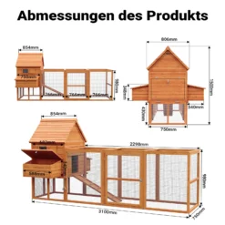 Wiltec Hühnerstall 3100 x 1500 x 1500 mm braun mit Freilauf und Nistkästen aus Holz, Hühnerhaus mit Unterschlupf, Gitter und Kotwanne verzinkt