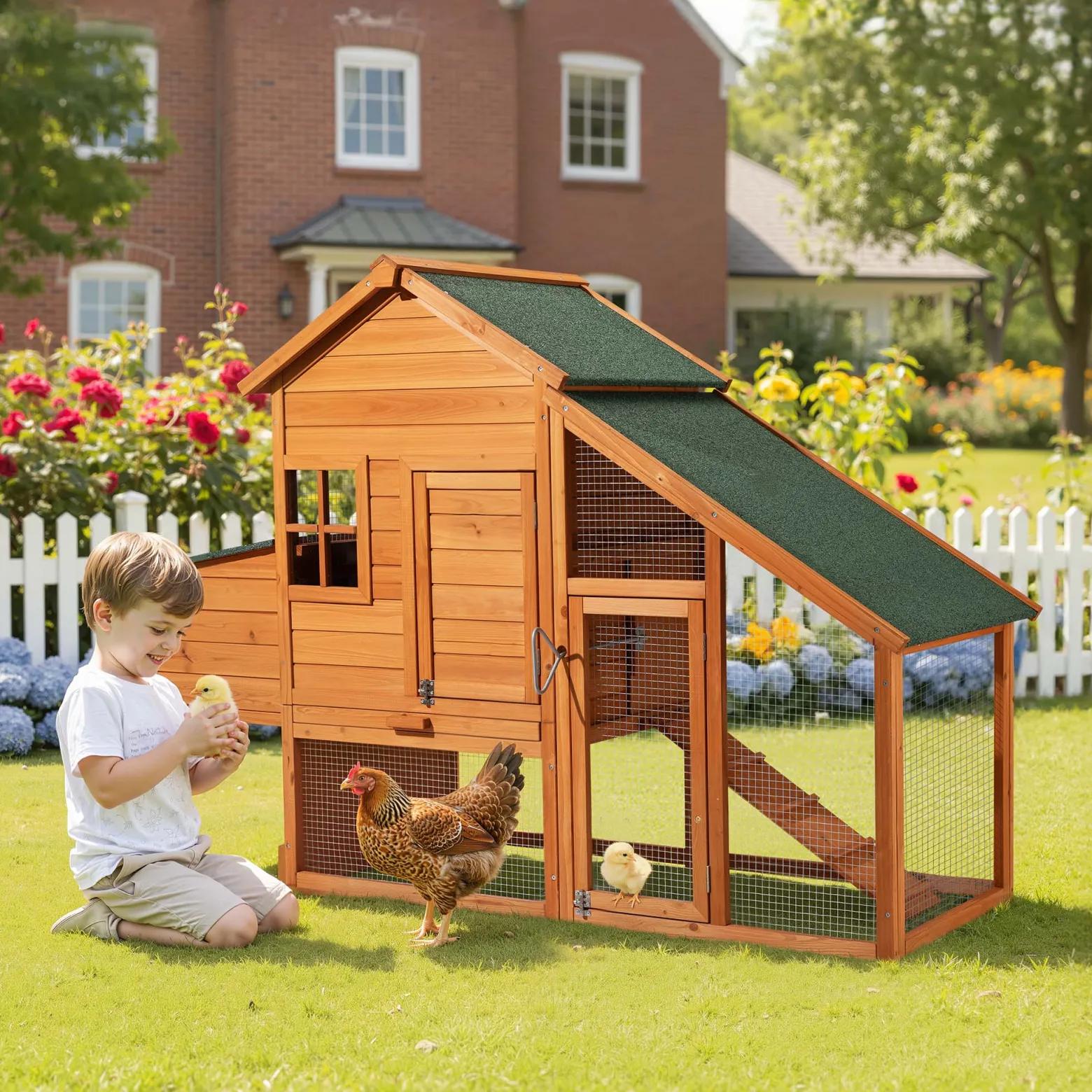Wiltec Hühnerstall 1720 x 660 x 1200 mm braun mit Freilauf und Nistkasten aus Fichtenholz, Hühnerhaus mit Unterschlupf, Gitter und Kotwanne verzinkt