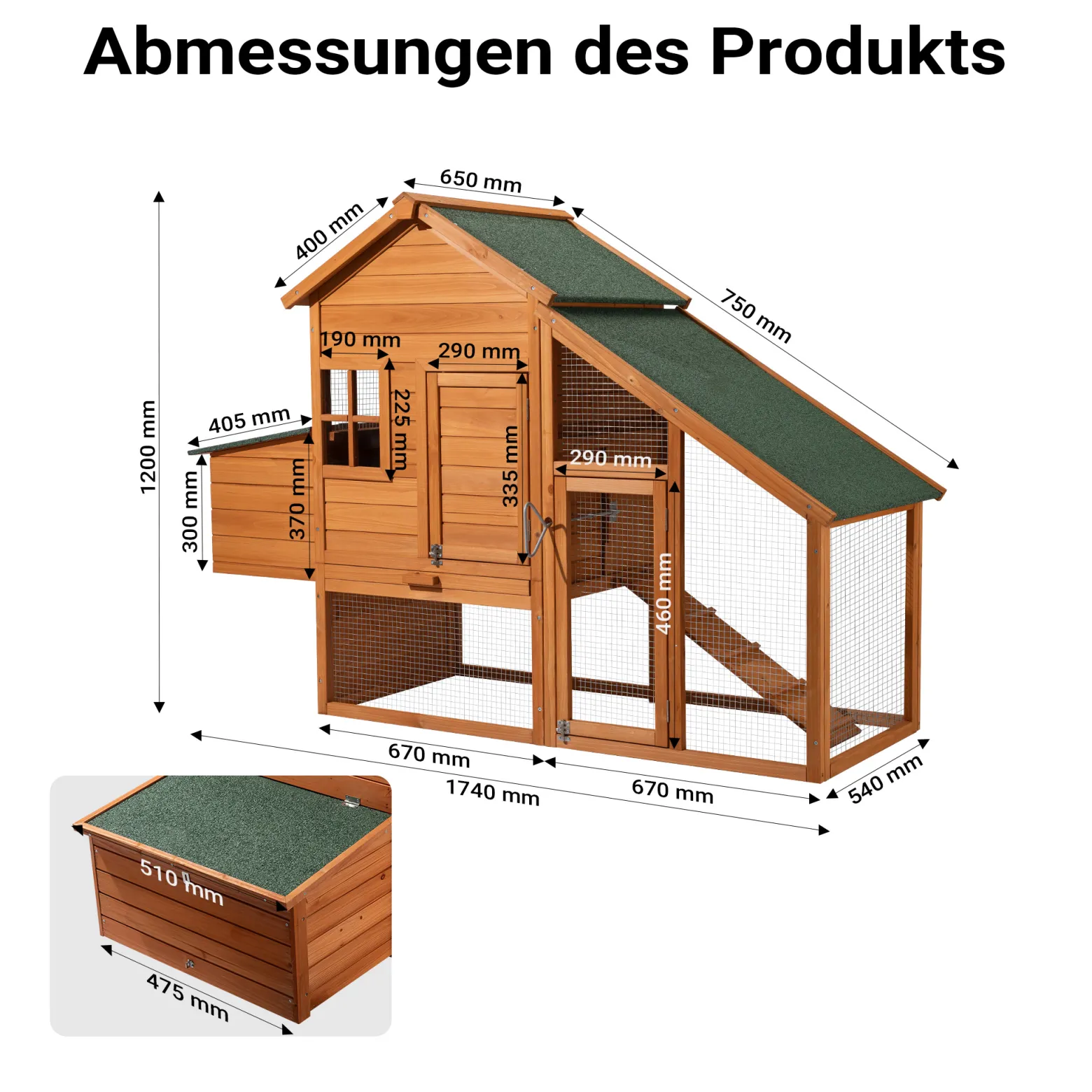 Wiltec Hühnerstall 1720 x 660 x 1200 mm braun mit Freilauf und Nistkasten aus Fichtenholz, Hühnerhaus mit Unterschlupf, Gitter und Kotwanne verzinkt