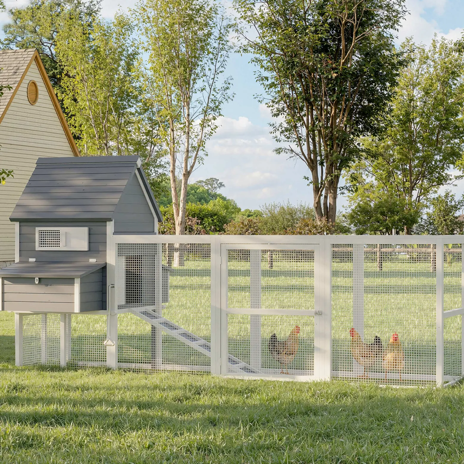 Wiltec Hühnerstall 3100 x 1500 x 1500 mm grau weiß mit Freilauf und Nistkästen aus Holz, Hühnerhaus mit Unterschlupf, Gitter und Kotwanne verzinkt