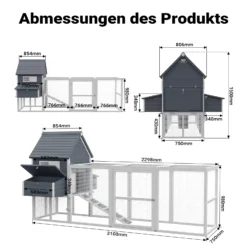 Wiltec Hühnerstall 3100 x 1500 x 1500 mm grau weiß mit Freilauf und Nistkästen aus Holz, Hühnerhaus mit Unterschlupf, Gitter und Kotwanne verzinkt