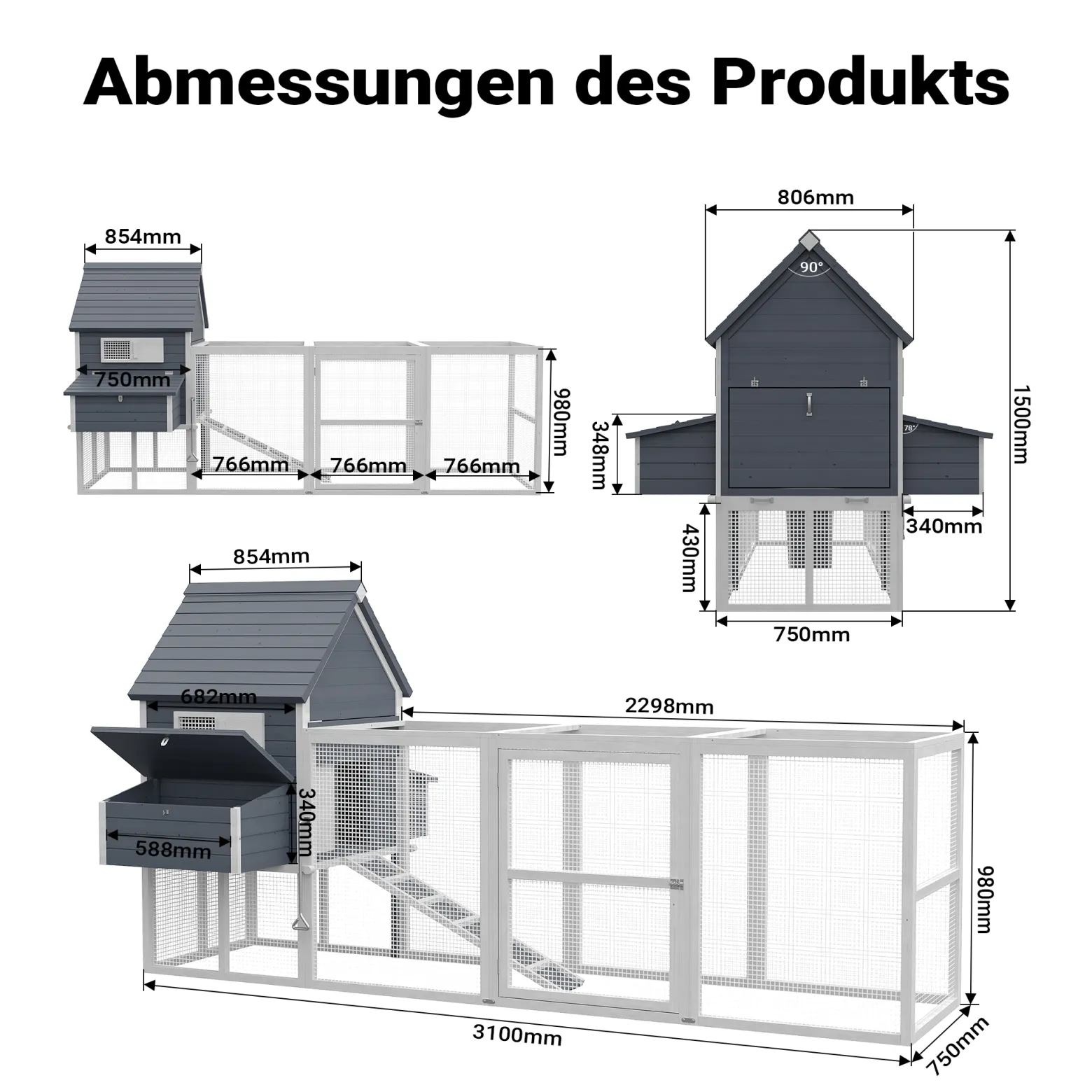 Wiltec Hühnerstall 3100 x 1500 x 1500 mm grau weiß mit Freilauf und Nistkästen aus Holz, Hühnerhaus mit Unterschlupf, Gitter und Kotwanne verzinkt