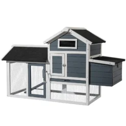 Wiltec Hühnerstall 1520 x 520 x 920 mm grau weiß mit Freilauf und Nistkasten aus Tannenholz, Hühnerhaus mit Unterschlupf, Gitter und Kotwanne verzinkt
