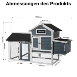 Wiltec Hühnerstall 1520 x 520 x 920 mm grau weiß mit Freilauf und Nistkasten aus Tannenholz, Hühnerhaus mit Unterschlupf, Gitter und Kotwanne verzinkt