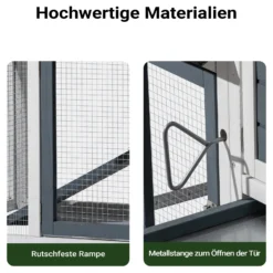 Wiltec Hühnerstall 1520 x 520 x 920 mm grau weiß mit Freilauf und Nistkasten aus Tannenholz, Hühnerhaus mit Unterschlupf, Gitter und Kotwanne verzinkt