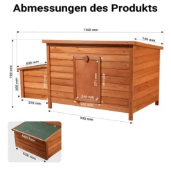 Wiltec Hühnerstall 1360 x 740 x 700 mm rotbraun mit Nistkasten aus Holz, Hühnerhaus mit Unterschlupf, isoliertem Dach und Kotwanne verzinkt