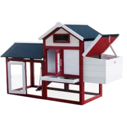 Wiltec Hühnerstall 1520 x 520 x 920 mm rot-weiß mit Freilauf und Nistkasten aus Tannenholz, Hühnerhaus mit Unterschlupf, Gitter und Kotwanne verzinkt