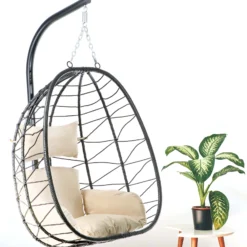 Wiltec Hängesessel für Indoor und Outdoor, Hängestuhl aus Rattan, Korbsessel bis 130 kg, Hängeschaukel mit Gestell und Sitzkissen