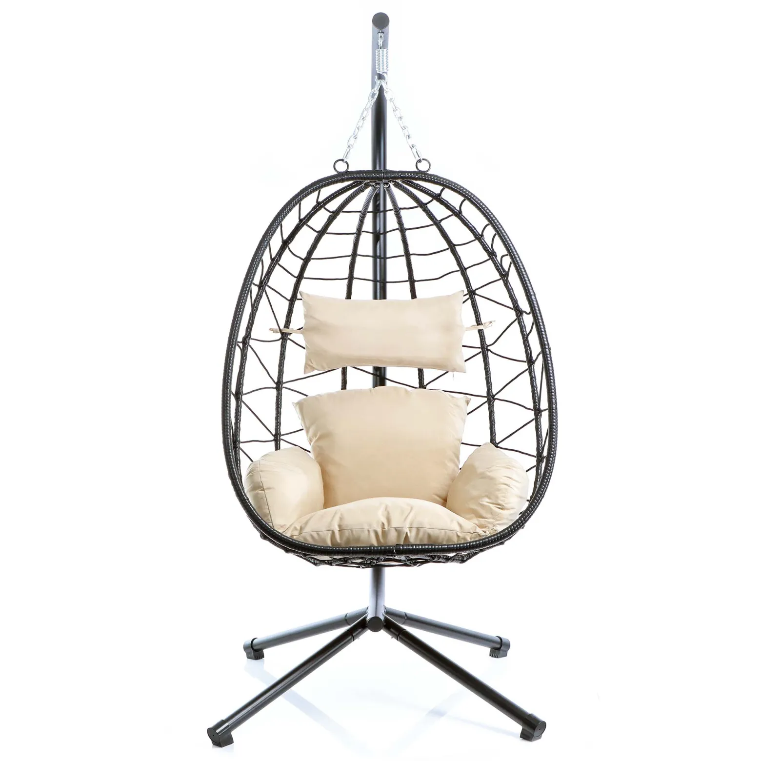 Wiltec Hängesessel für Indoor und Outdoor, Hängestuhl aus Rattan, Korbsessel bis 130 kg, Hängeschaukel mit Gestell und Sitzkissen