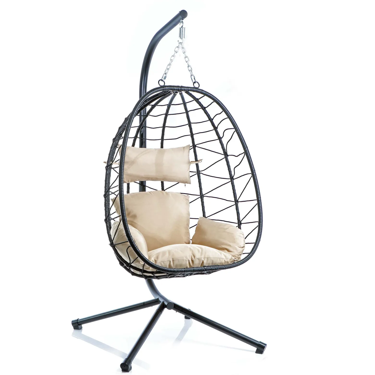 Wiltec Hängesessel für Indoor und Outdoor, Hängestuhl aus Rattan, Korbsessel bis 130 kg, Hängeschaukel mit Gestell und Sitzkissen