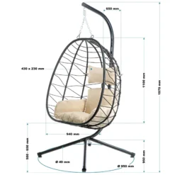 Wiltec Hängesessel für Indoor und Outdoor, Hängestuhl aus Rattan, Korbsessel bis 130 kg, Hängeschaukel mit Gestell und Sitzkissen