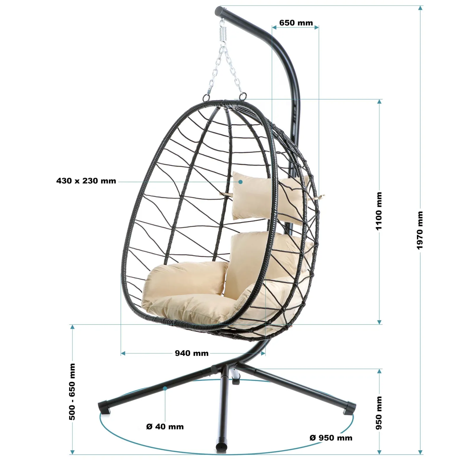 Wiltec Hängesessel für Indoor und Outdoor, Hängestuhl aus Rattan, Korbsessel bis 130 kg, Hängeschaukel mit Gestell und Sitzkissen