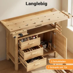 Wiltec Hobelbank 126 x 50 x 84 cm aus Holz, Werkbank bis 150 kg, Werktisch mit Spannzangen, Schubladen und Gerätefach, Arbeitstisch aus Rubberwood