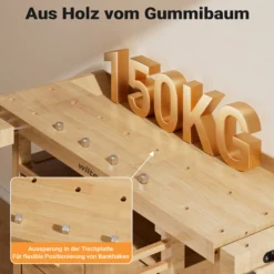 Wiltec Hobelbank 126 x 50 x 84 cm aus Holz, Werkbank bis 150 kg, Werktisch mit Spannzangen, Schubladen und Gerätefach, Arbeitstisch aus Rubberwood