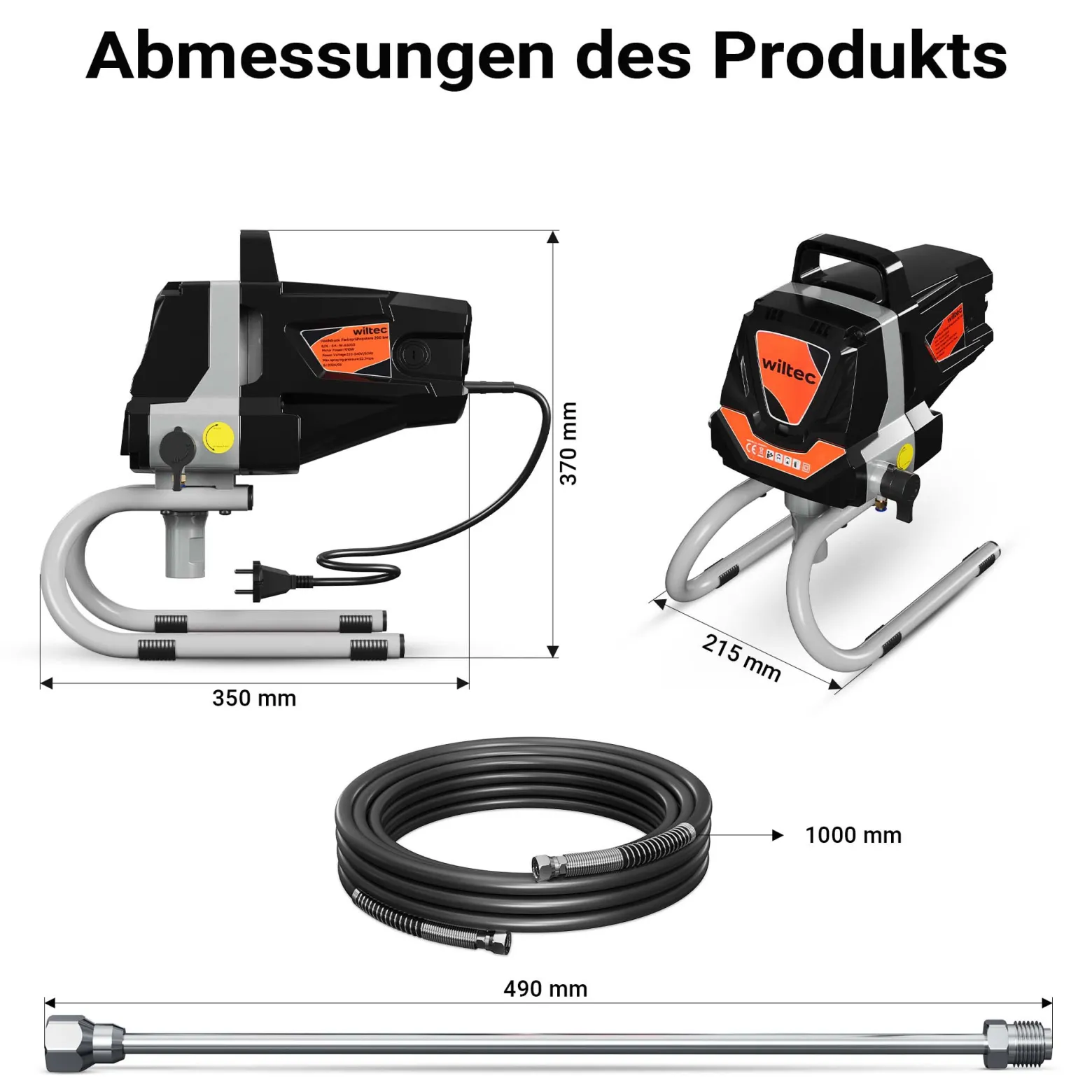 Wiltec Hochdruck Farbsprühsystem 1010 W, 207 bar, 1,5 l/min, Farbspritzgerät mit Düse und Verlängerungsstange, Farbsprühgerät für Wandfarbe