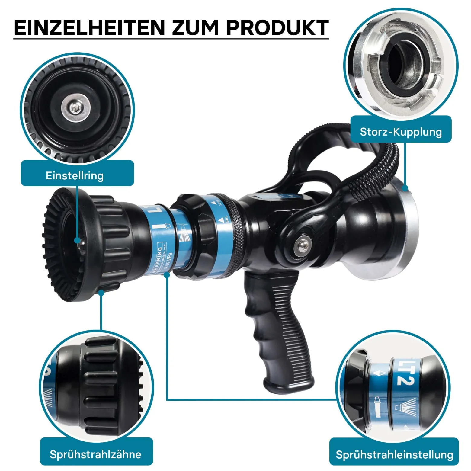 Wiltec Hohlstrahlrohr mit 150/200/350/500 l/min, C Storzkupplung und stufenloser Sprühstrahlverstellung für THW Feuerwehrrohr