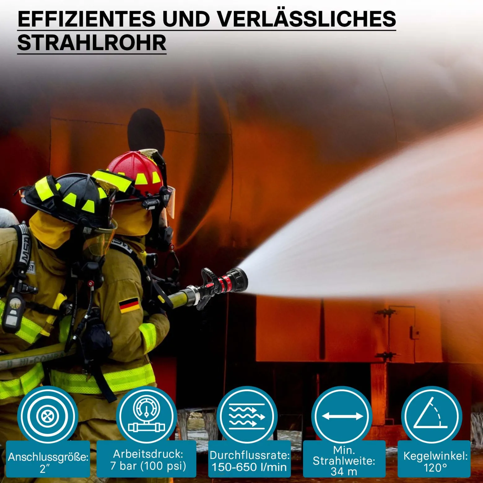Wiltec Hohlstrahlrohr mit 150/180/300/450/660 l/min, C Storzkupplung und stufenloser Sprühstrahlverstellung für THW Feuerwehrrohr
