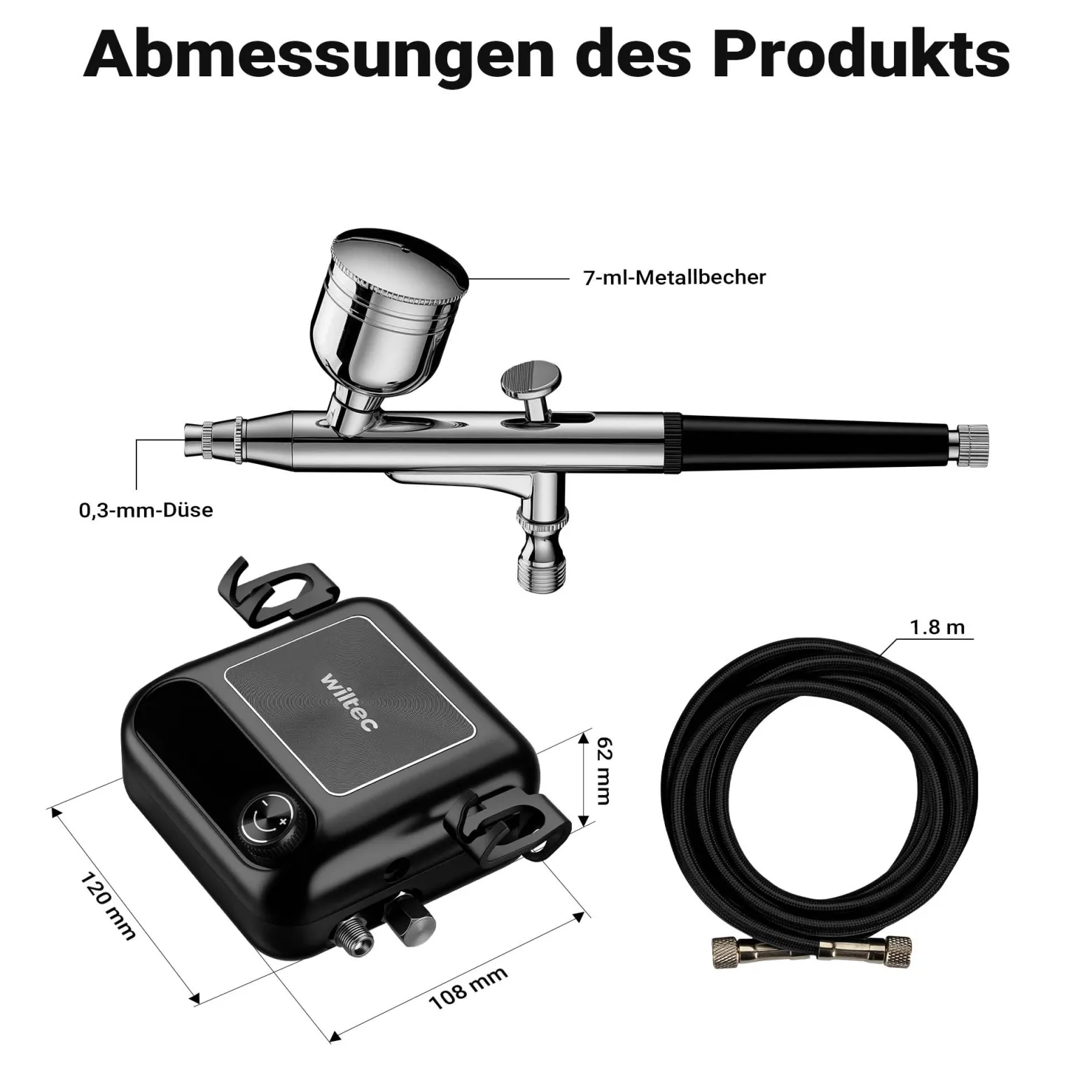 Wiltec HS-A9K Kompressor Set 1,5 bar Autostop, Airbrush Set inkl. verschiedener Düsen, Kompressor Zubehör Set 12 V, Druckluft Kompressor mit Air Brush