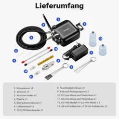 Wiltec HS-A9K Kompressor Set 1,5 bar Autostop, Airbrush Set inkl. verschiedener Düsen, Kompressor Zubehör Set 12 V, Druckluft Kompressor mit Air Brush