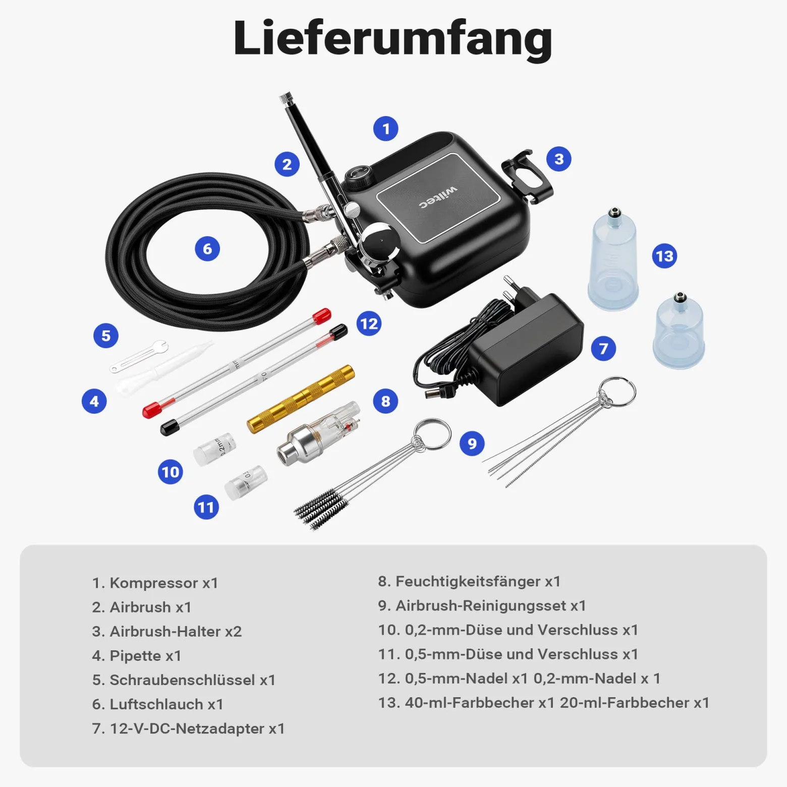 Wiltec HS-A9K Kompressor Set 1,5 bar Autostop, Airbrush Set inkl. verschiedener Düsen, Kompressor Zubehör Set 12 V, Druckluft Kompressor mit Air Brush