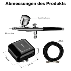 Wiltec HS-A10K Kompressor Zubehör Set 2,8 bar, Airbrush Set 12 V, Airbrushpistole mit 0,3 mm Düse, Druckluft Kompressor mit Air Brush