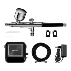 Wiltec HS-A10K Kompressor Zubehör Set 2,8 bar, Airbrush Set 12 V, Airbrushpistole mit 0,3 mm Düse, Druckluft Kompressor mit Air Brush