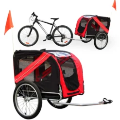 Wiltec Hunde Fahrradanhänger 220x700x78cm rot-schwarz mit Sicherheitsdrehkupplung, Lastenanhänger Fahrrad mit Fliegengitter & Regenschutz