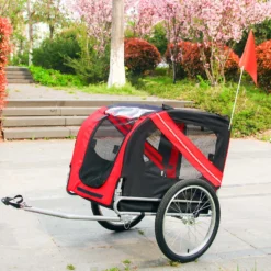 Wiltec Hunde Fahrradanhänger 220x700x78cm rot-schwarz mit Sicherheitsdrehkupplung, Lastenanhänger Fahrrad mit Fliegengitter & Regenschutz