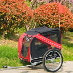 Wiltec Hunde Fahrradanhänger 220x700x78cm rot-schwarz mit Sicherheitsdrehkupplung, Lastenanhänger Fahrrad mit Fliegengitter & Regenschutz