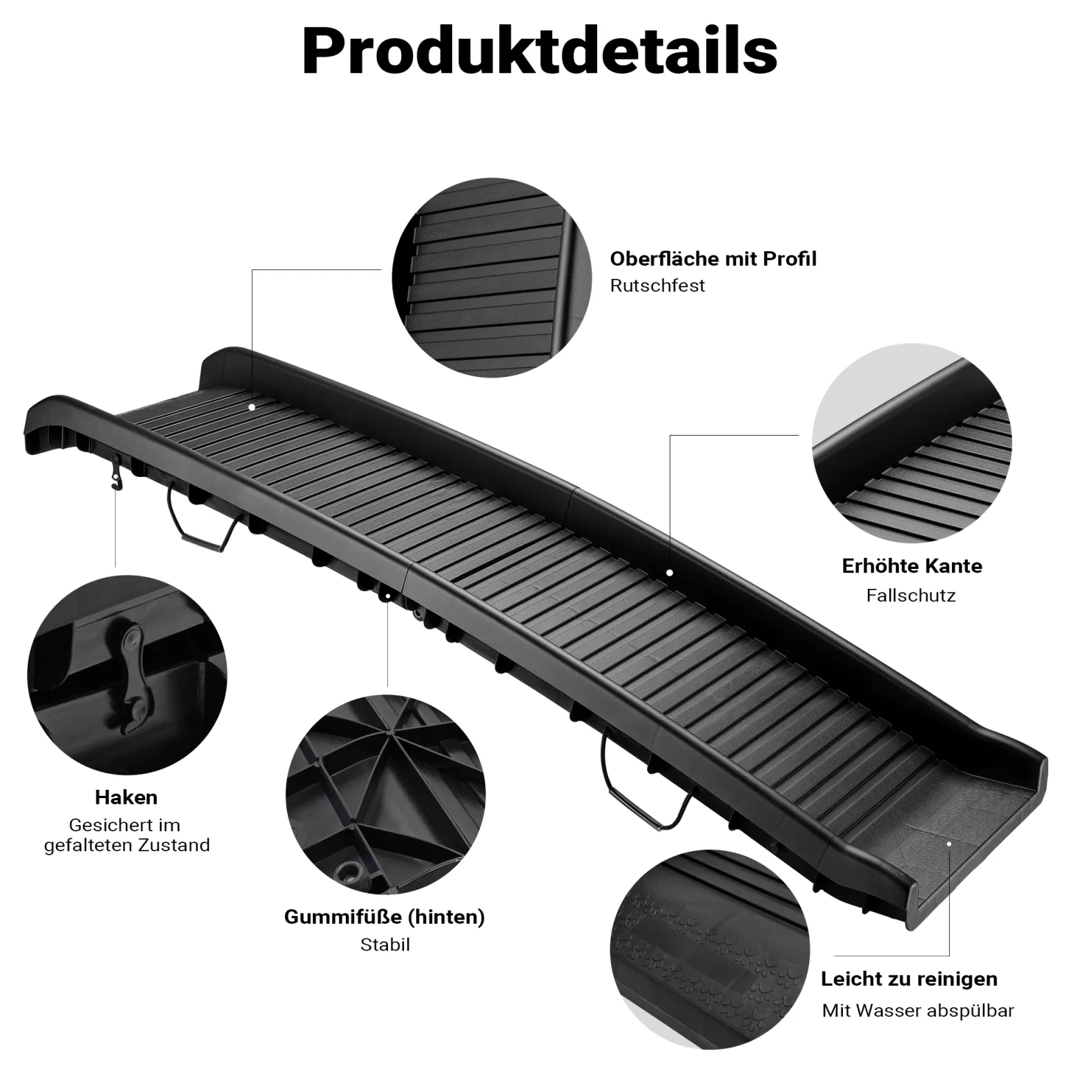 Wiltec Hunderampe faltbar, 156 x 40 cm, geklappt 79 x 40 cm, aus Kunststoff, rutschsicher, Traglast bis zu 90 kg, Haustierrampe