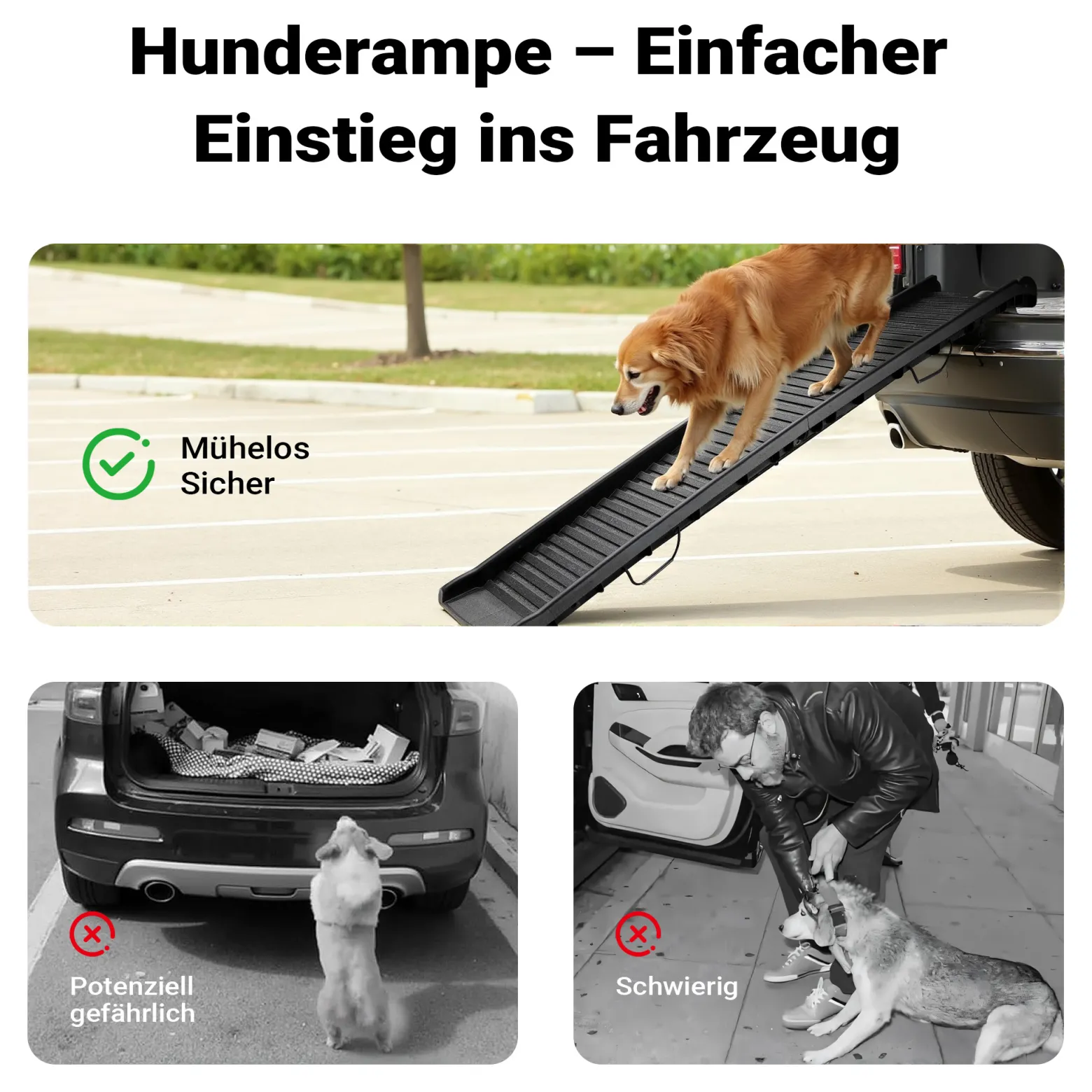 Wiltec Hunderampe faltbar, 156 x 40 cm, geklappt 79 x 40 cm, aus Kunststoff, rutschsicher, Traglast bis zu 90 kg, Haustierrampe