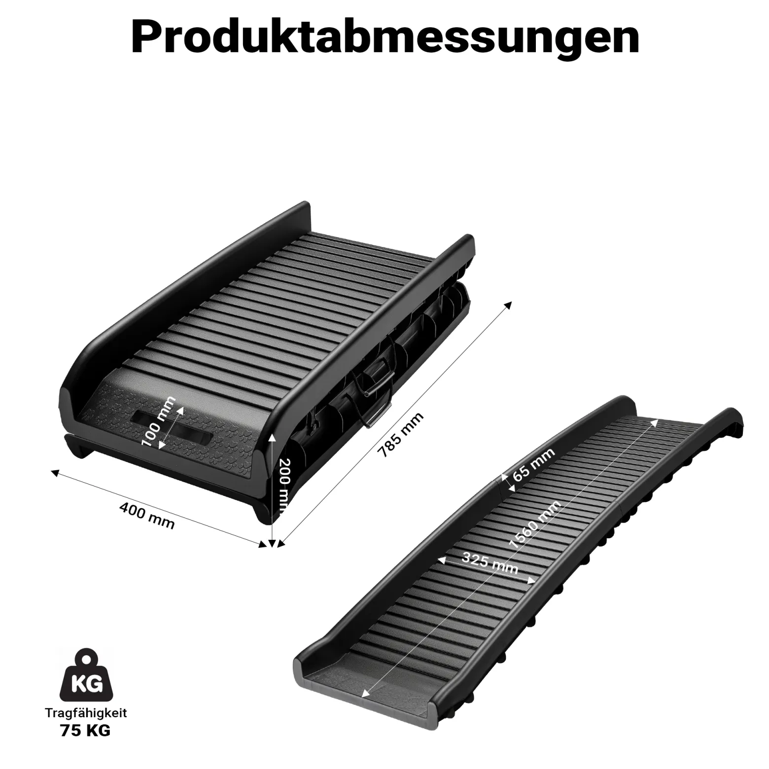 Wiltec Hunderampe faltbar, 156 x 40 cm, geklappt 79 x 40 cm, aus Kunststoff, rutschsicher, Traglast bis zu 90 kg, Haustierrampe
