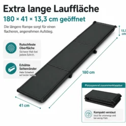 Wiltec Hunderampe 180 x 40 cm 50 kg 3-fach faltbar rutschfeste Autorampe für Hunde, klappbare Einstiegshilfe aus PP fürs Auto, SUV und Pick up