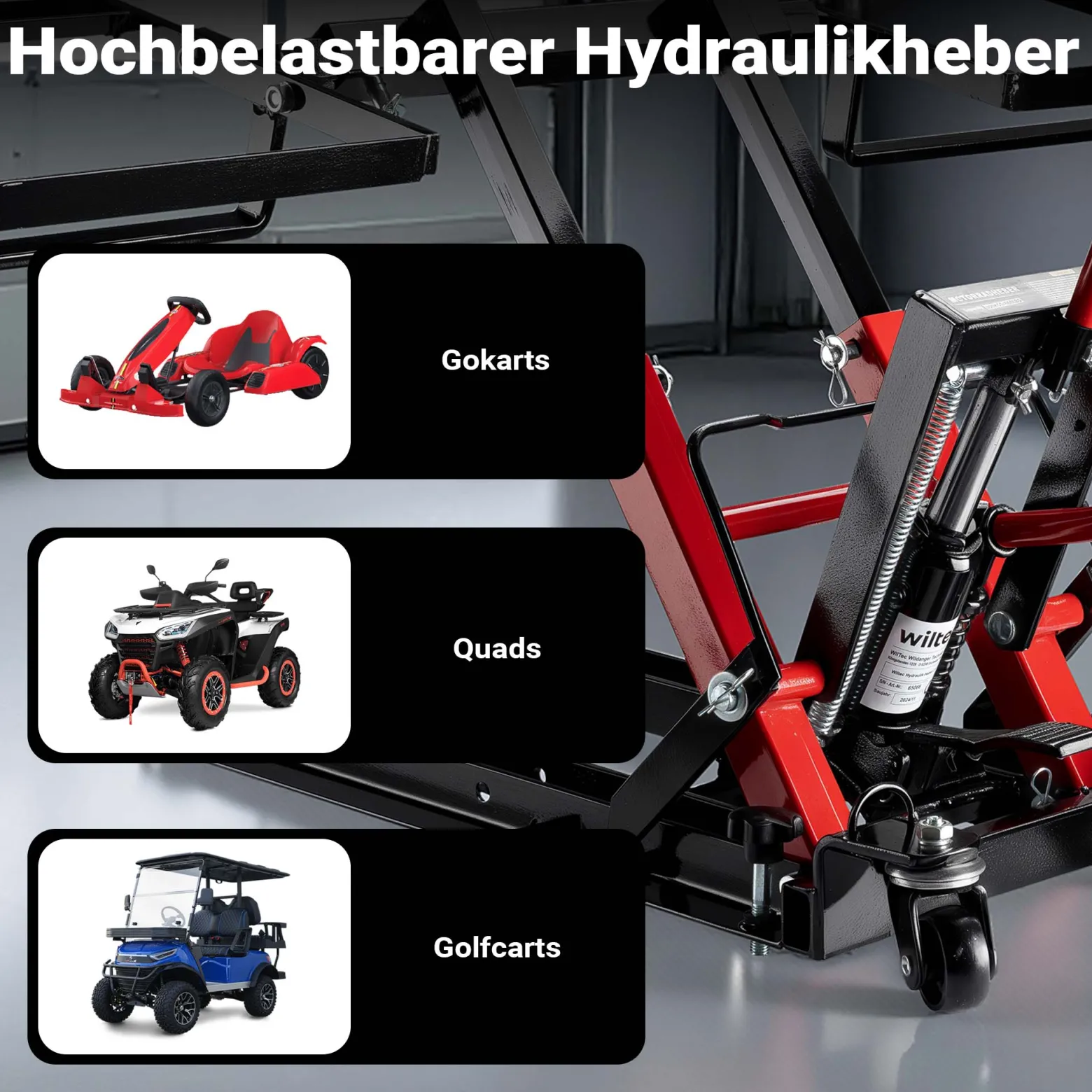 Wiltec Hydraulik-Heber 3 in 1, Motorradheber bis 300 kg, Quad Hebebühne Hubhöhe bis 53 cm, Mobile Hebebühne für ATV, Rasenmäher, Motorräder