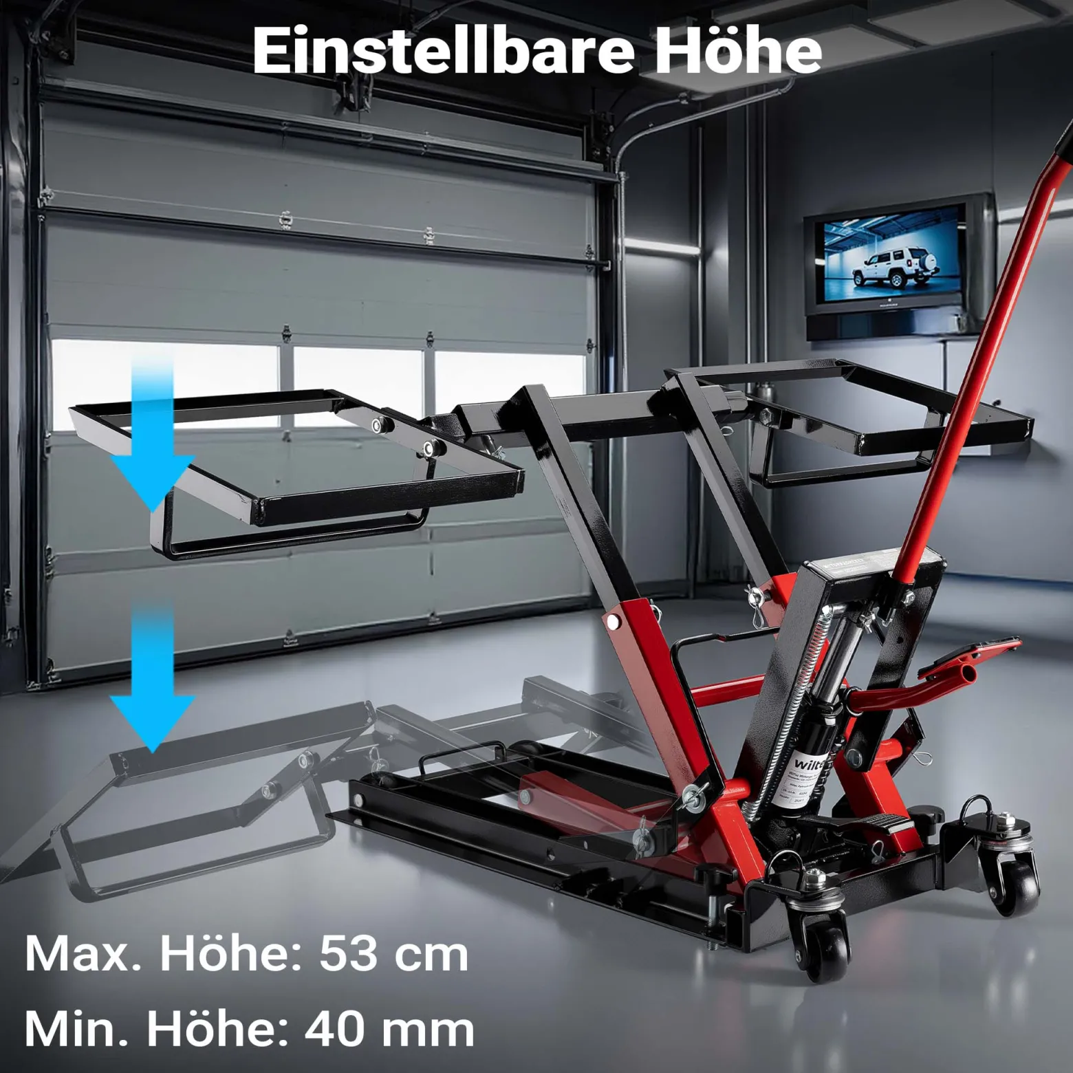 Wiltec Hydraulik-Heber 3 in 1, Motorradheber bis 300 kg, Quad Hebebühne Hubhöhe bis 53 cm, Mobile Hebebühne für ATV, Rasenmäher, Motorräder