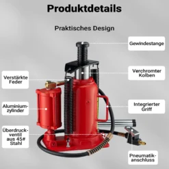 Wiltec Hydraulischer und pneumatischer Stempelwagenheber 20T, 260-510 mm, kompakter Wagenheber Flaschenwagenheber aus Stahl, pneumatisch & manuell