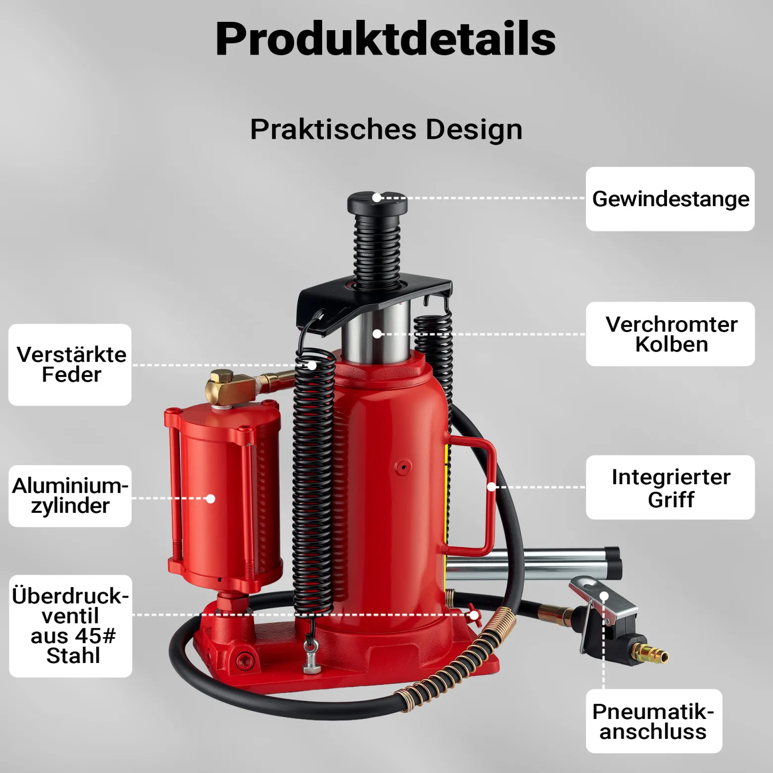 Wiltec Hydraulischer und pneumatischer Stempelwagenheber 20T, 260-510 mm, kompakter Wagenheber Flaschenwagenheber aus Stahl, pneumatisch & manuell