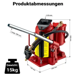Wiltec Hydraulischer und pneumatischer Stempelwagenheber 20T, 260-510 mm, kompakter Wagenheber Flaschenwagenheber aus Stahl, pneumatisch & manuell