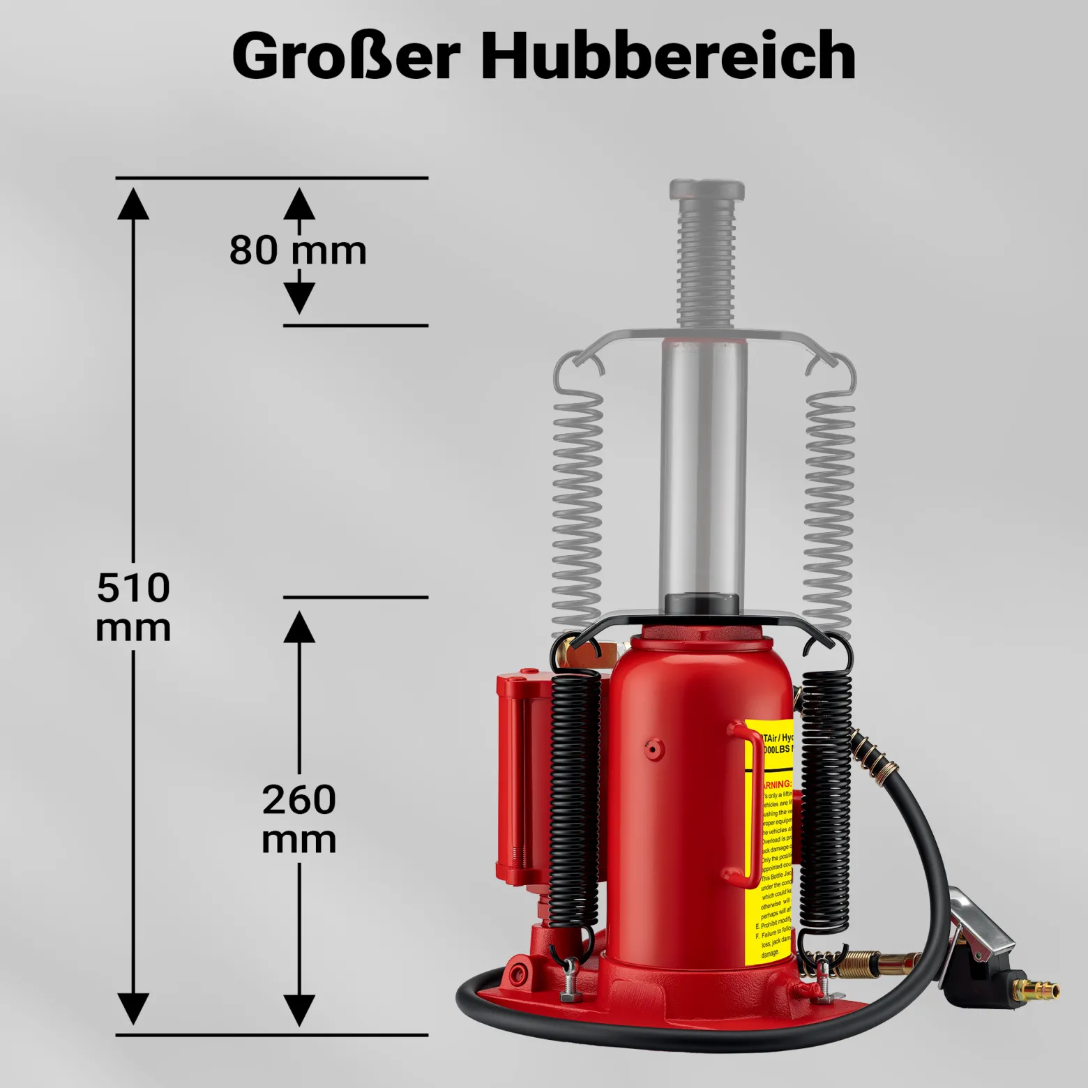 Wiltec Hydraulischer und pneumatischer Stempelwagenheber 20T, 260-510 mm, kompakter Wagenheber Flaschenwagenheber aus Stahl, pneumatisch & manuell