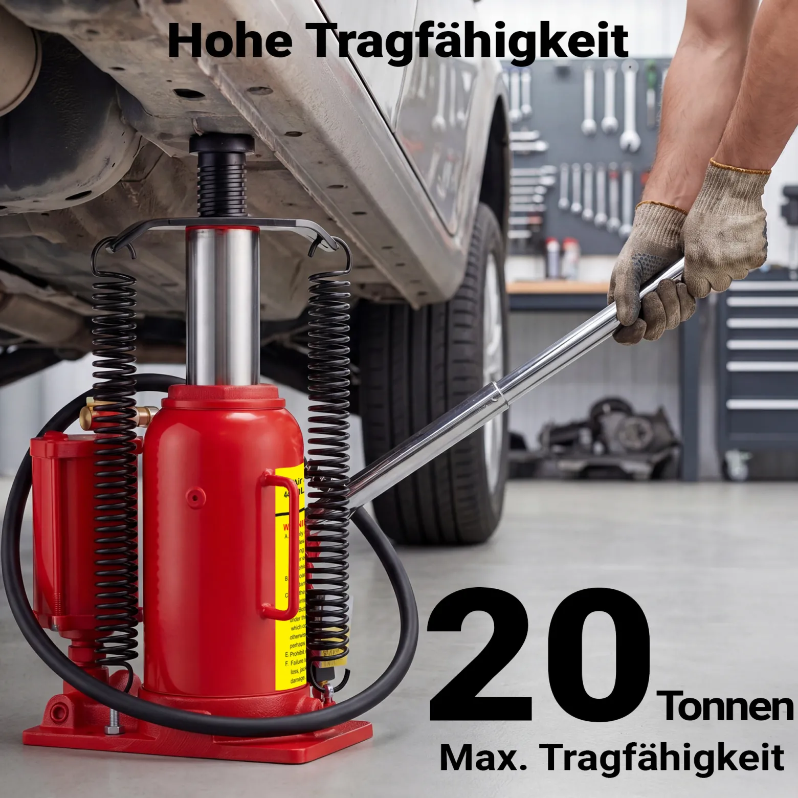 Wiltec Hydraulischer und pneumatischer Stempelwagenheber 20T, 260-510 mm, kompakter Wagenheber Flaschenwagenheber aus Stahl, pneumatisch & manuell