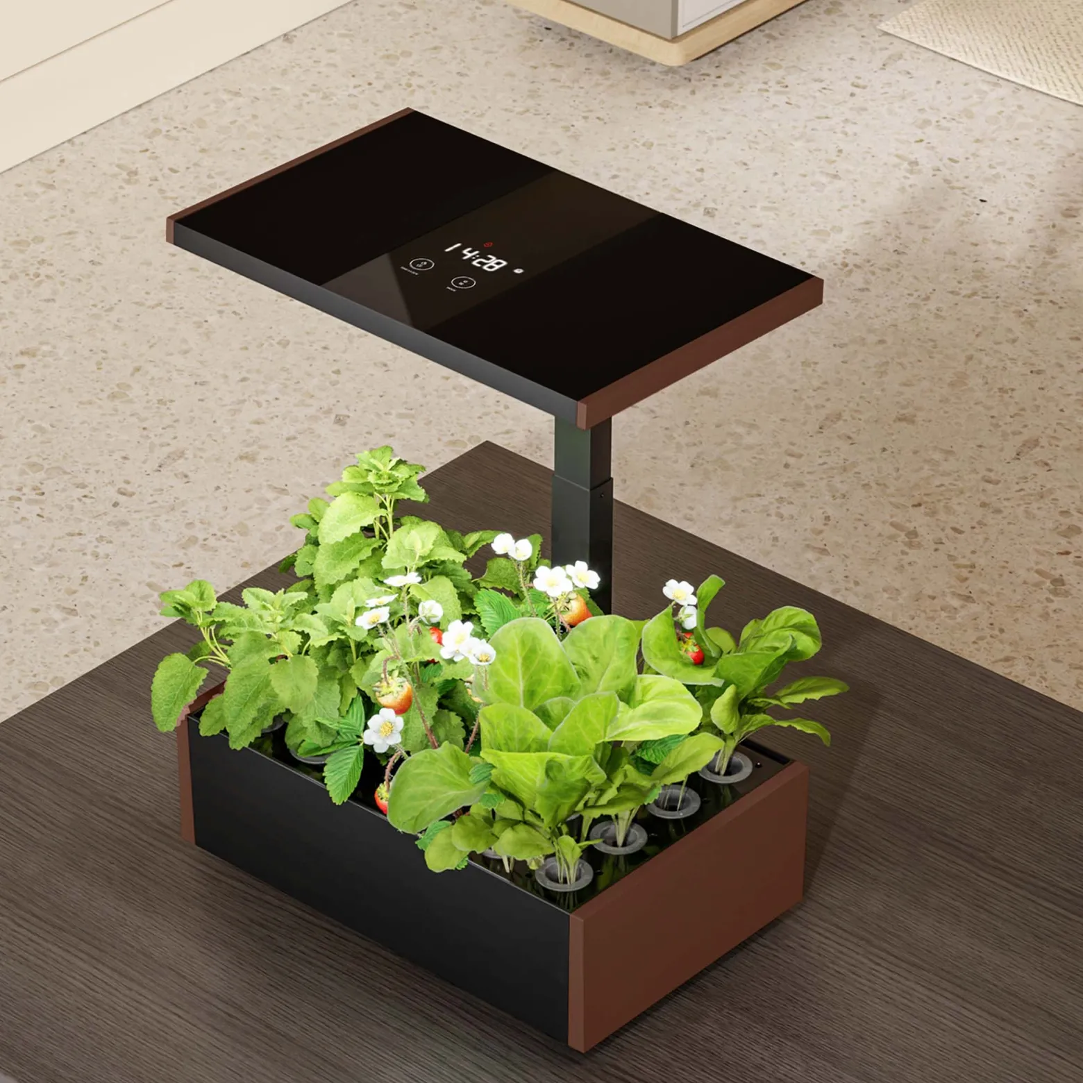 Wiltec Indoor Gartensystem braun, Smart Garden höhenverstellbar, Hydroponisches Anzuchtsystem für 20 Pflanzen, Kräutergarten mit LED-Beleuchtung