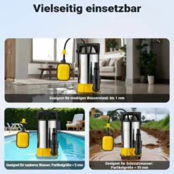 Wiltec 3 in 1 Flachsauger Tauchpumpe Edelstahl 1100 W, Schmutzwasserpumpe 18000 l/h, Flachwasserpumpe mit Schwimmer, Flachsaugpumpe für Keller