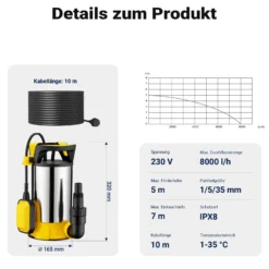Wiltec 3 in 1 Flachsauger Tauchpumpe Edelstahl 400 W, Schmutzwasserpumpe 8000 l/h, Flachwasserpumpe mit Schwimmer, Flachsaugpumpe für Keller