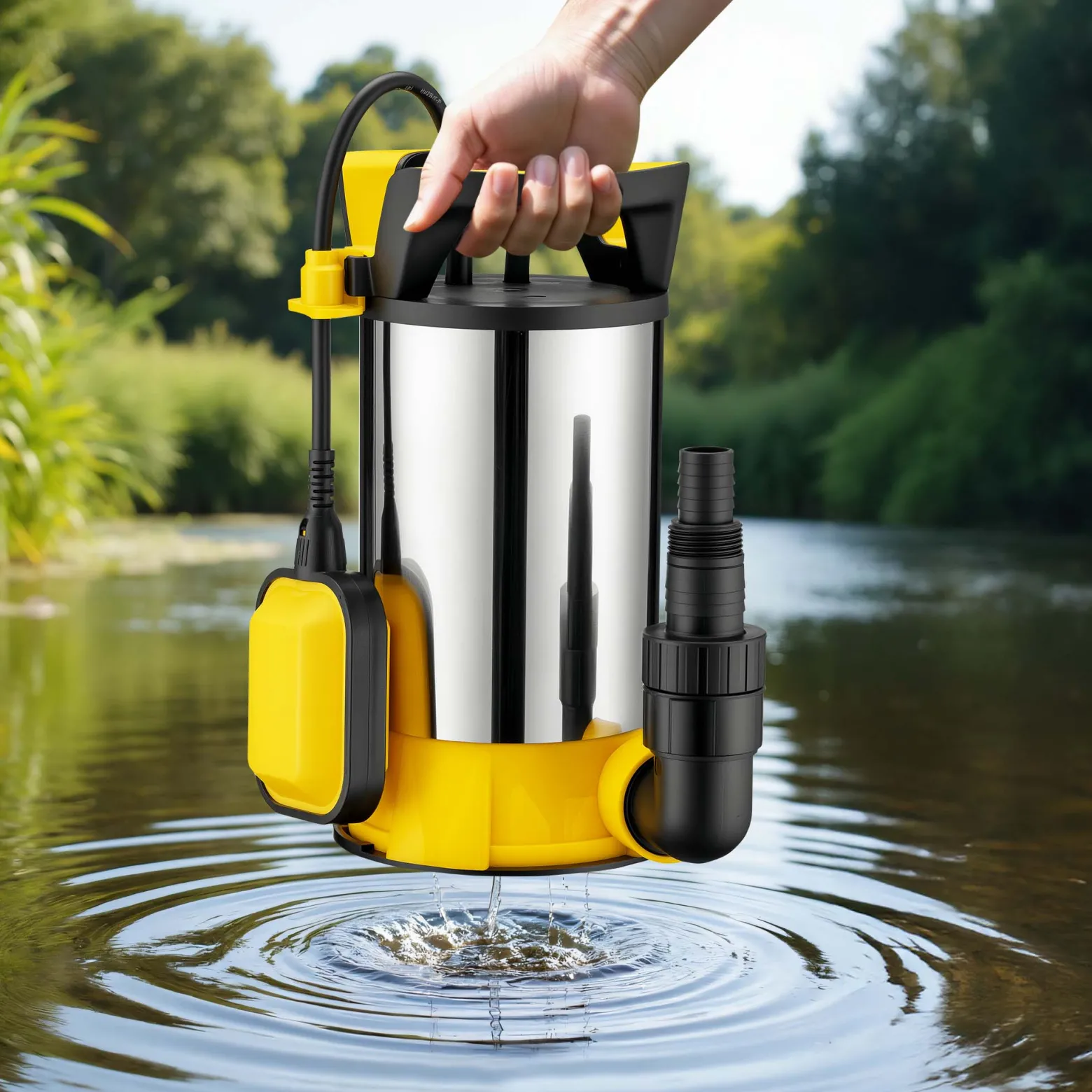Wiltec 3 in 1 Flachsauger Tauchpumpe Edelstahl 400 W, Schmutzwasserpumpe 8000 l/h, Flachwasserpumpe mit Schwimmer, Flachsaugpumpe für Keller