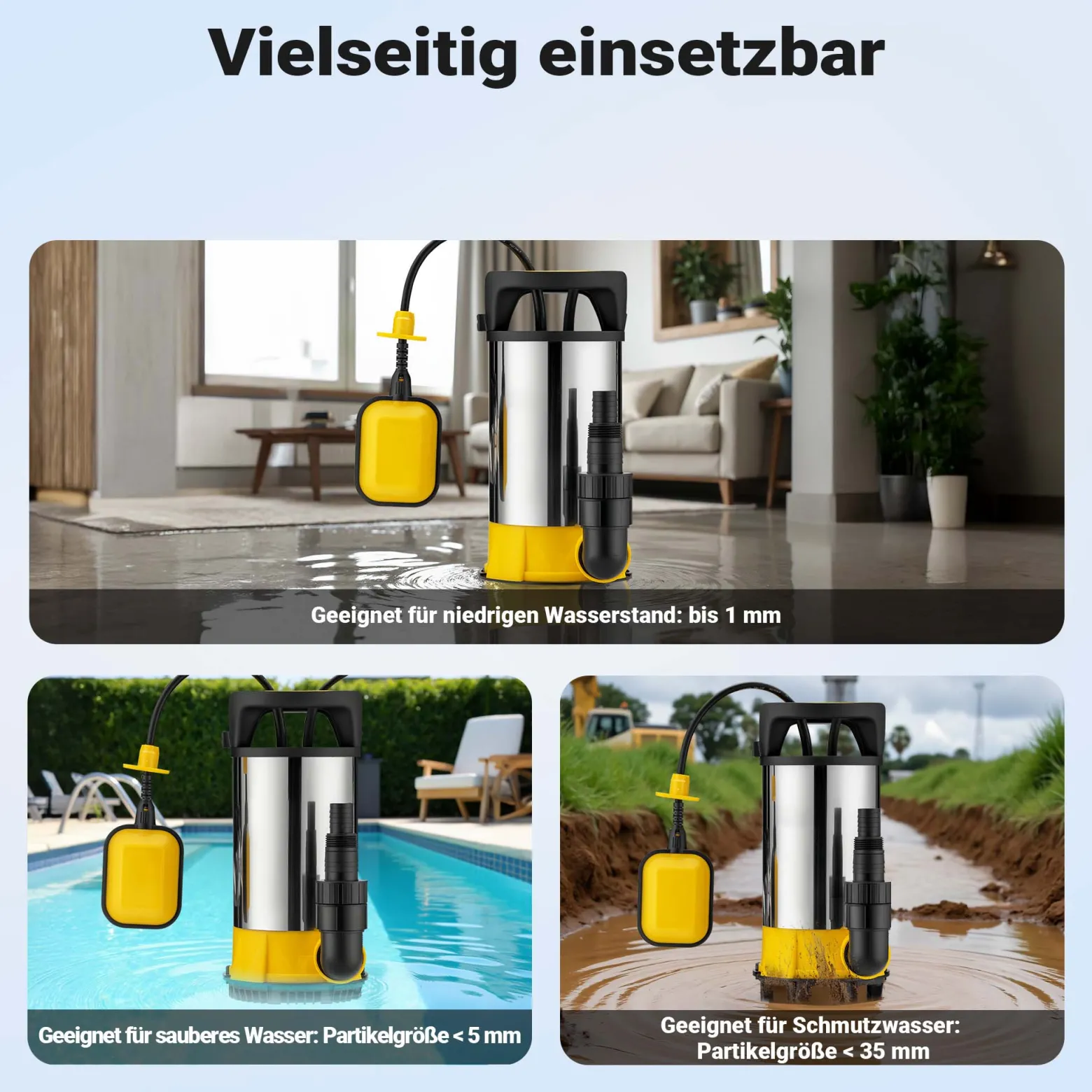 Wiltec 3 in 1 Flachsauger Tauchpumpe Edelstahl 550 W, Schmutzwasserpumpe 12500 l/h, Flachwasserpumpe mit Schwimmer, Flachsaugpumpe für Keller