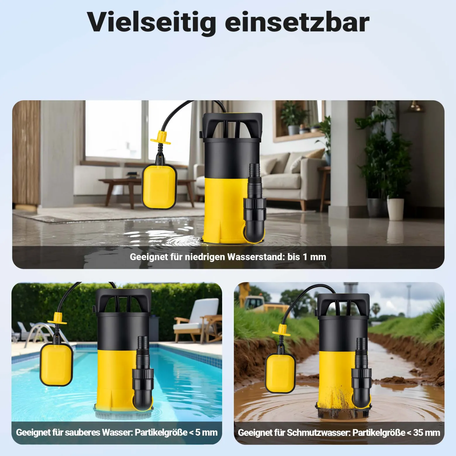Wiltec 3 in 1 Flachsauger Tauchpumpe 400 W, Schmutzwasserpumpe 8000 l/h, Flachwasserpumpe mit Schwimmer, Flachsaugpumpe für Keller, Garten Wasserpumpe