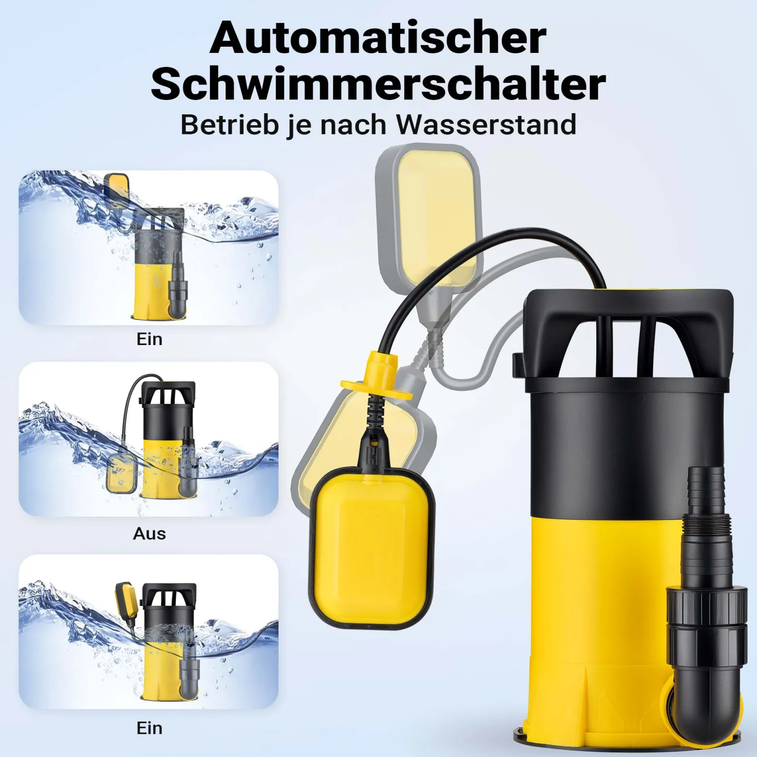 Wiltec 3 in 1 Flachsauger Tauchpumpe 400 W, Schmutzwasserpumpe 8000 l/h, Flachwasserpumpe mit Schwimmer, Flachsaugpumpe für Keller, Garten Wasserpumpe