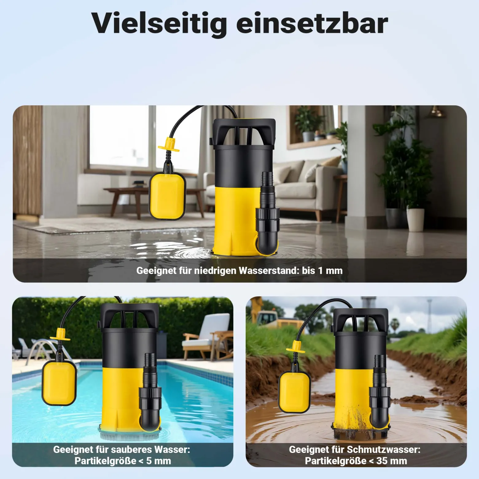 Wiltec 3 in 1 Flachsauger Tauchpumpe 750 W, Schmutzwasserpumpe 14000 l/h, Flachwasserpumpe mit Schwimmer, Flachsaugpumpe für Keller und Garten