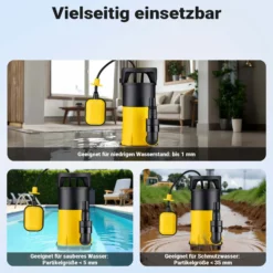 Wiltec 3 in 1 Flachsauger Tauchpumpe 850 W, Schmutzwasserpumpe 15000 l/h, Flachwasserpumpe mit Schwimmer, Flachsaugpumpe für Keller und Garten